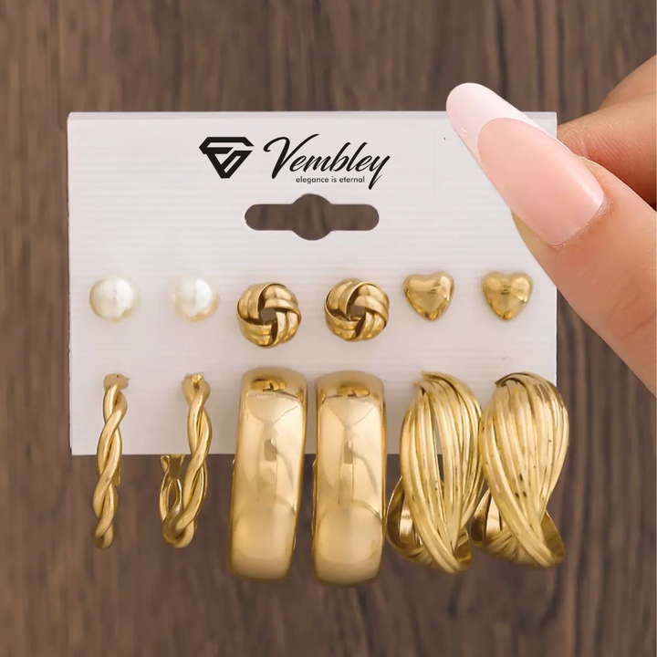Vembley Luxury Combo Of 11 Pair Gold Hoop Knot Pearl Stud Earring Set for Women