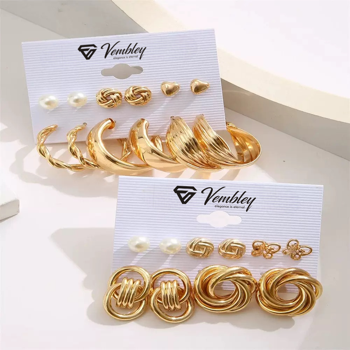 Vembley Luxury Combo Of 11 Pair Gold Hoop Knot Pearl Stud Earring Set for Women