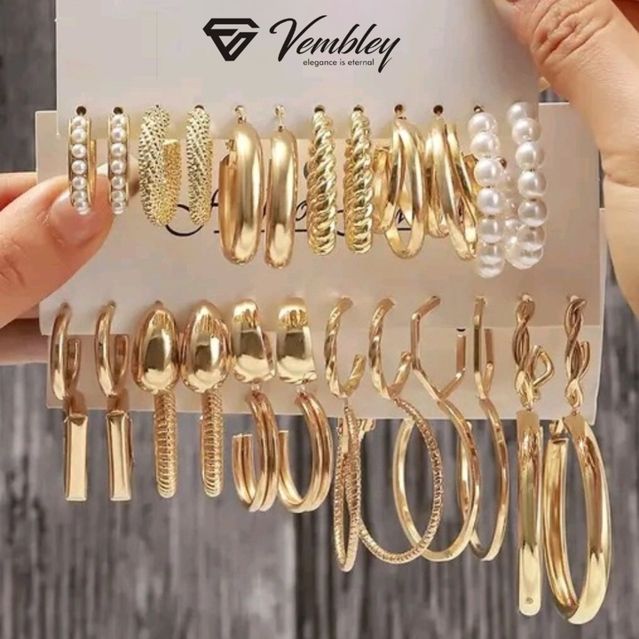 Vembley Combo Of 18 Pair Gold Hoop Pearl Designer Earrings Combo Set for Women