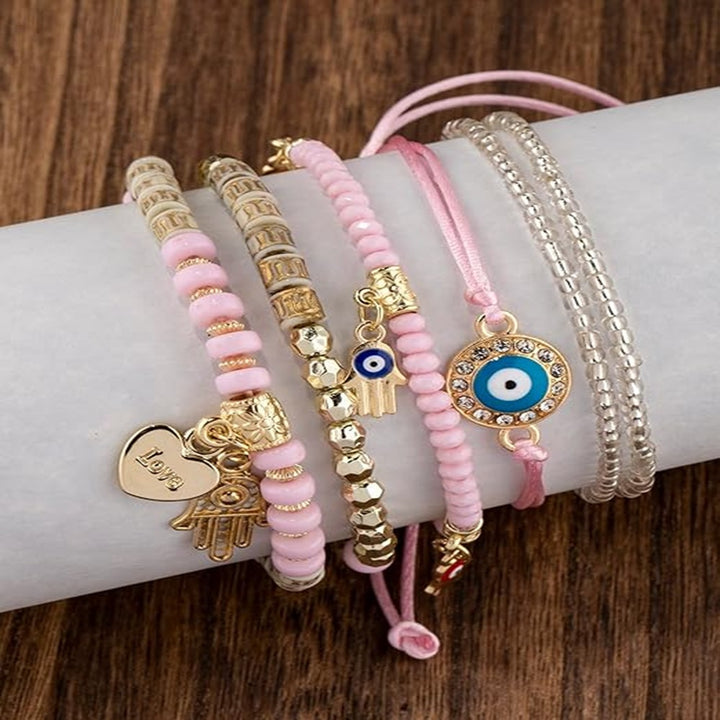 Vembley Elegant Bohemian 6 Bracelet Set featuring Evil Eye, Hamsa charms, beaded layers, adjustable cord, and metallic accents bracelet for women and girls