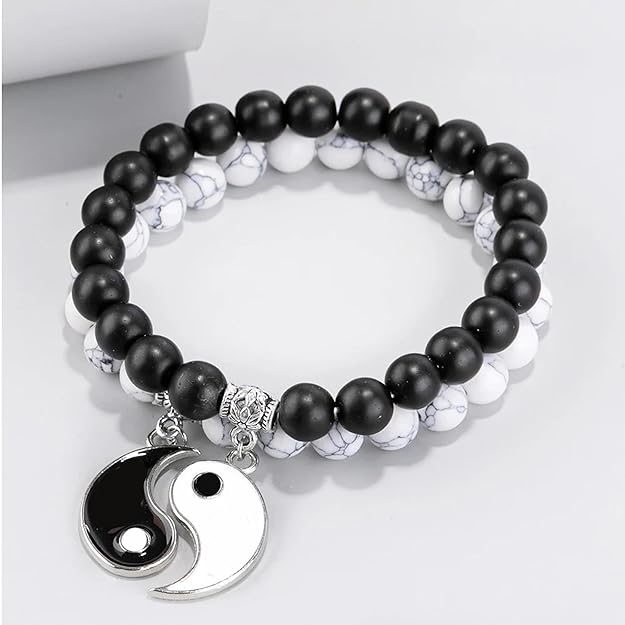 Vembley Black & White Yin Yang Beaded Couple Bracelets - Matching Heart Charm Set