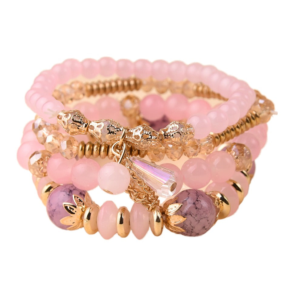 Vembley Boho Stackable Bracelets for Women Set, 4 Pack Girls Stretch Multilayer Stack Beads Pink Beaded Charm Bracelets