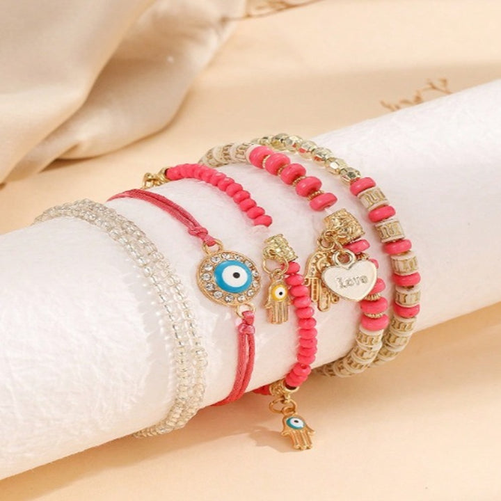 Vembley Elegant Bohemian 6 Bracelet Set featuring Evil Eye, Hamsa charms, beaded layers, adjustable cord, and metallic accents bracelet for women and girls