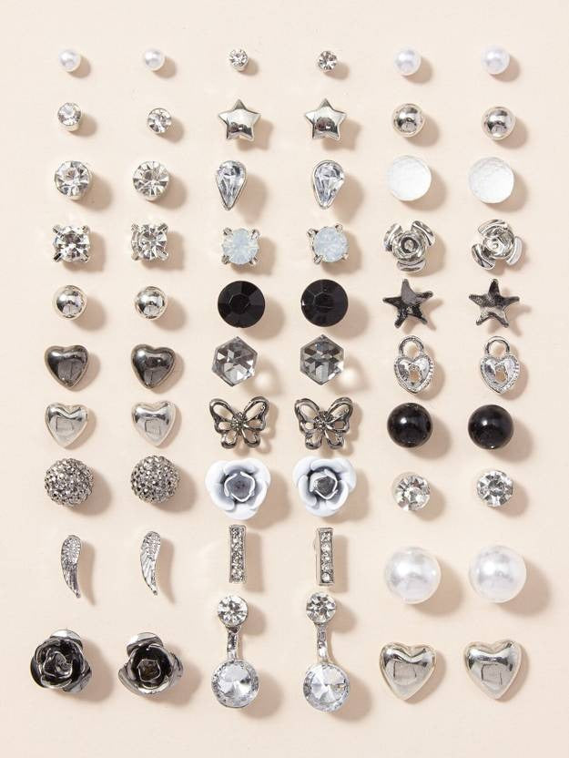 Vembley Set Of 30 Pair of Crystal And Pearl Stud Earring For Women And Girls