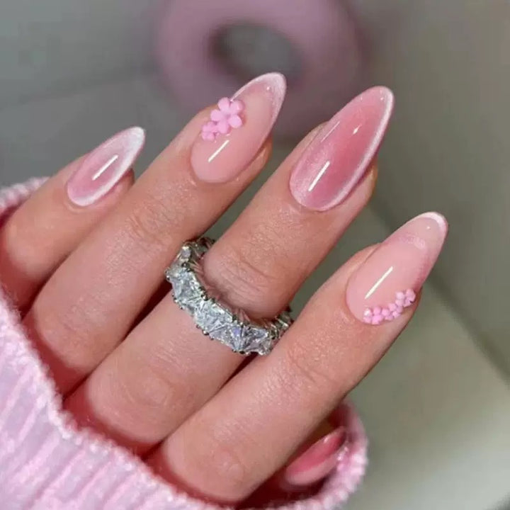 Vembley Elegant Pink Floral Press-On Nails – Glossy Almond Shape for Stylish Women