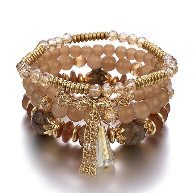 Vembley Boho Stackable Bracelets for Women Set, 4 Pack Girls Stretch Multilayer Stack Beads Brown Beaded Charm Bracelets