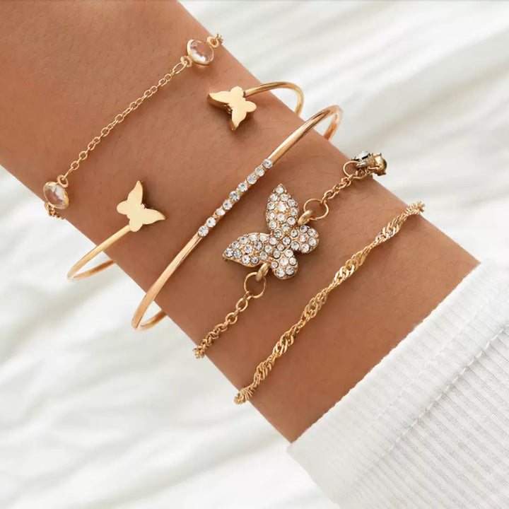 Vembley Gold-Plated Butterfly Inspired Set of 5 Contemporary Stackable Bracelet Set For Women and Girls