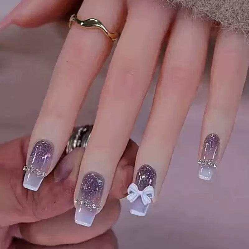 Vembley Purple Glitter French Tip Press-On Nails with Bow 24 Pcs Press On Nails