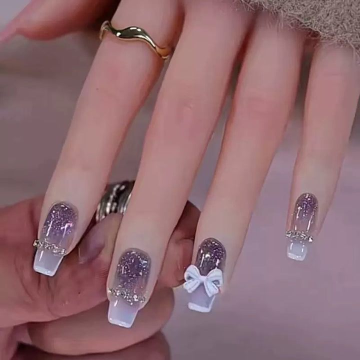 Vembley Purple Glitter French Tip Press-On Nails with Bow 24 Pcs Press On Nails