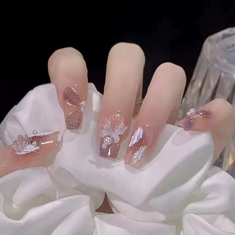 Vembley Blush Pink Glitter Butterfly Pearl Elegant Square 24 Pcs Press On Nails