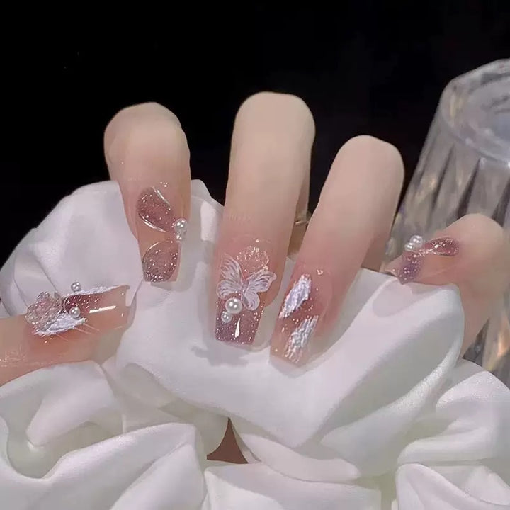 Vembley Blush Pink Glitter Butterfly Pearl Elegant Square 24 Pcs Press On Nails