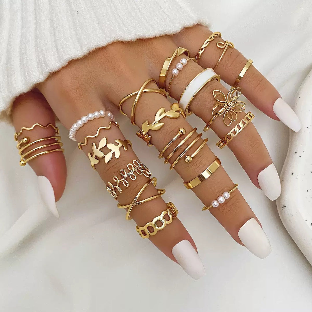 Vembley Gold Plated Trendy Stackable Rings Set Pearl & Butterfly Fashion Rings for Women