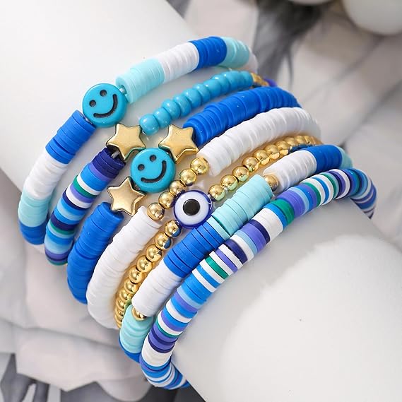 Vembley Trendy 7-Layer Blue and Gold Beaded Stackable Bracelet Set for Women with Smiley, Heart & Star Charms Chic Multilayer Stretch Boho Wrist Jewelry
