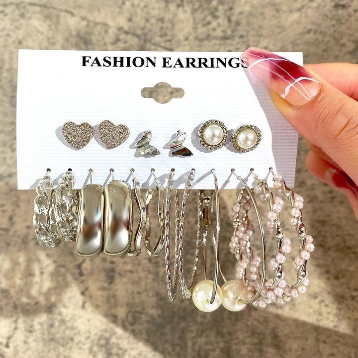 9 Pair Pearl, Hoop, And, Heart Butterfly Stud Earrings