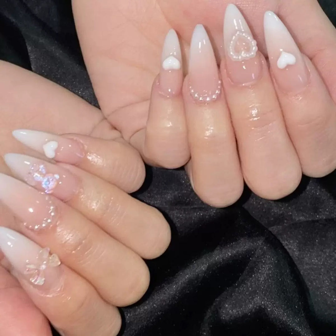 Vembley Set Of 24 Pcs Artificial Milky Pearl Ombre Stiletto Nails With Heart Charms