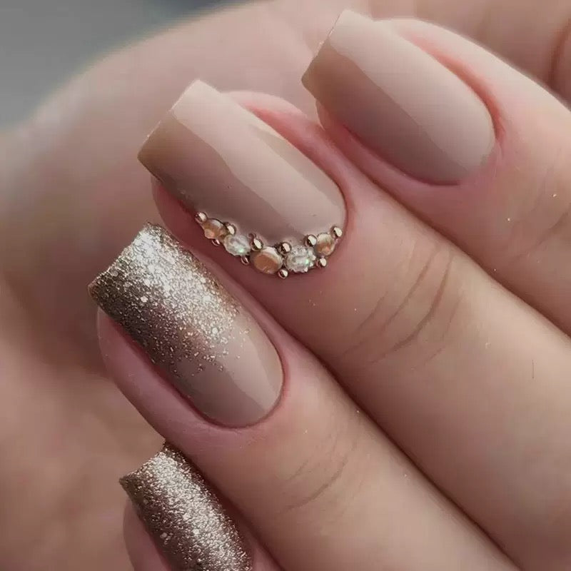 Vembley Elegant Nude Gold Sparkle Artificial Nail Set with stone for Women and Girls with Glue