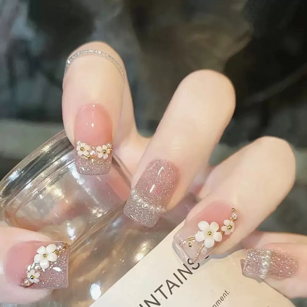 Vembley Blush Bloom Glitter Floral Press On Nails For Elegant Party Wear