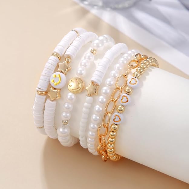 Vembley Trendy 7-Layer White and Gold Beaded Stackable Bracelet Set for Women with Smiley, Heart & Star Charms Chic Multilayer Stretch Boho Wrist Jewelry