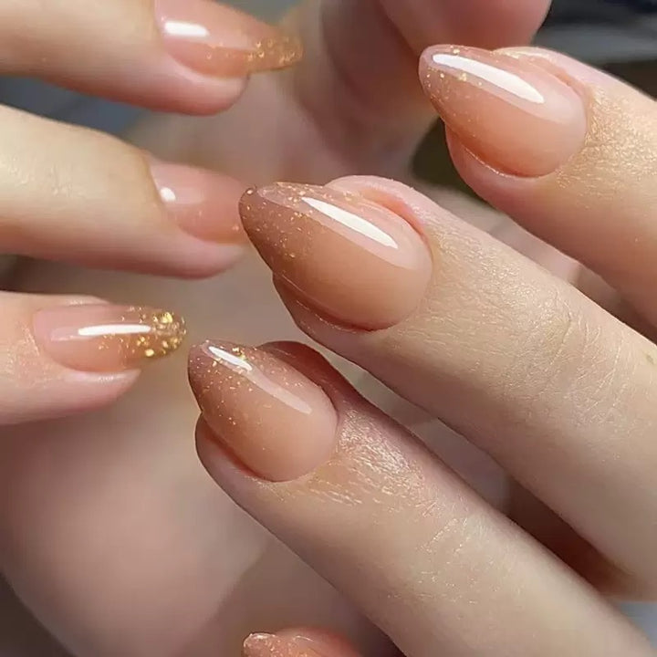 Vembley Nude Peach Glossy Glitter Tip Elegant Almond Shape Press-On Nails