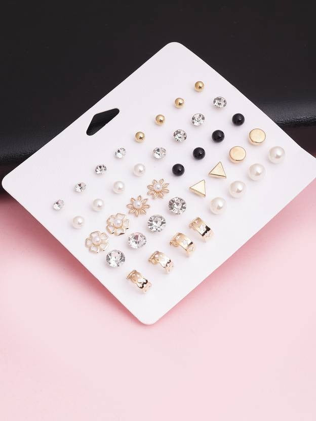 Vembley Elegant Floral Pearl Crystal Multi-Style Stud Earrings Set for Women