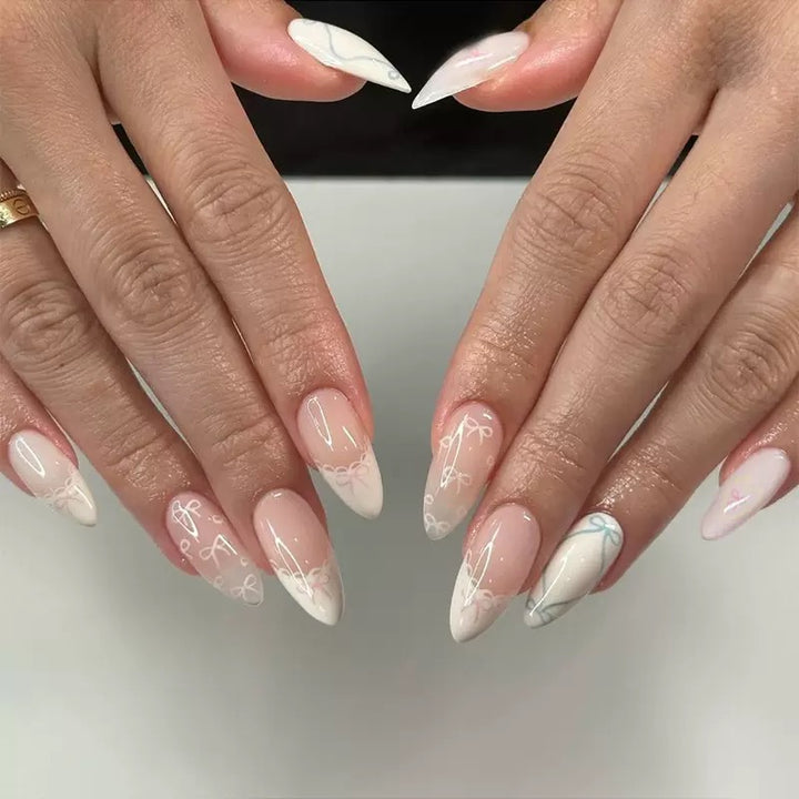 Vembley Elegant Yellow Bow Almond Press On Nails with Soft Nude Gloss Finish