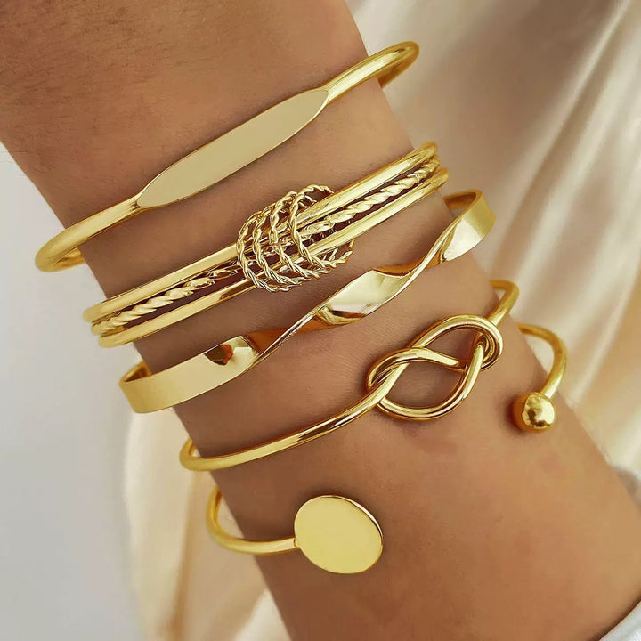 Vembley Trendy 5-Piece Golden Cuff Bracelet Set with Minimalist Knot, Disc and Geometric Designs