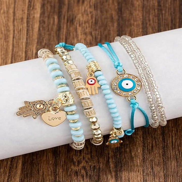 Vembley Elegant Bohemian 6 Bracelet Set featuring Evil Eye, Hamsa charms, beaded layers, adjustable cord, and metallic accents bracelet for women and girls