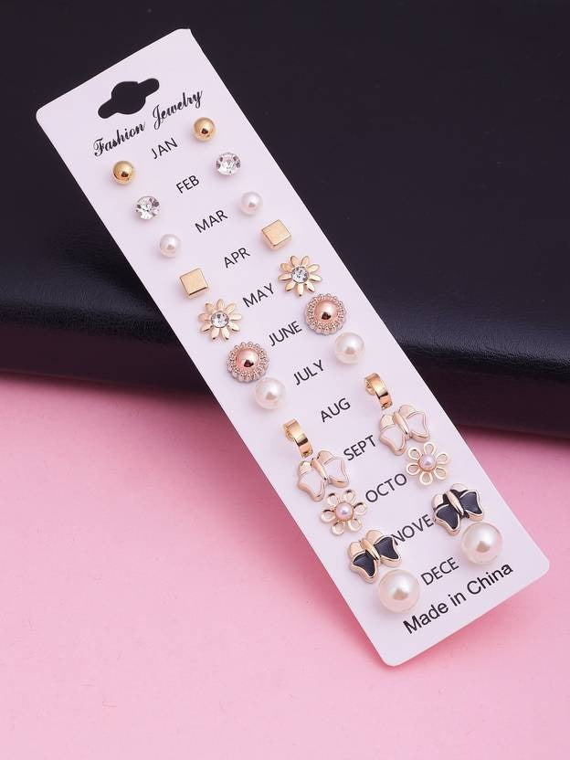 Vembley Beautiful 12 pair combo set Zircon, Black, Pearl Brass, Stone, Silicone, Alloy, Silver Stud Earring, Hoop Earring, Cuff Earring, Ear Thread, Earring Set