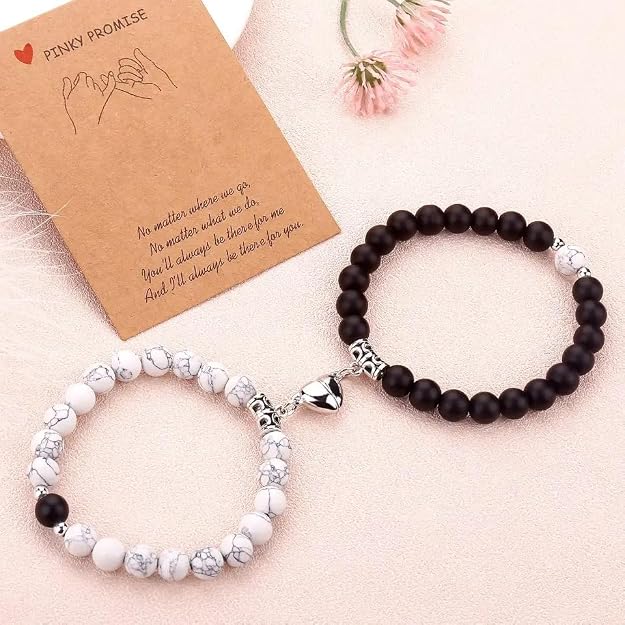Vembley Black & White Beaded Couple Bracelet Set - Heart Charm Matching Bracelets