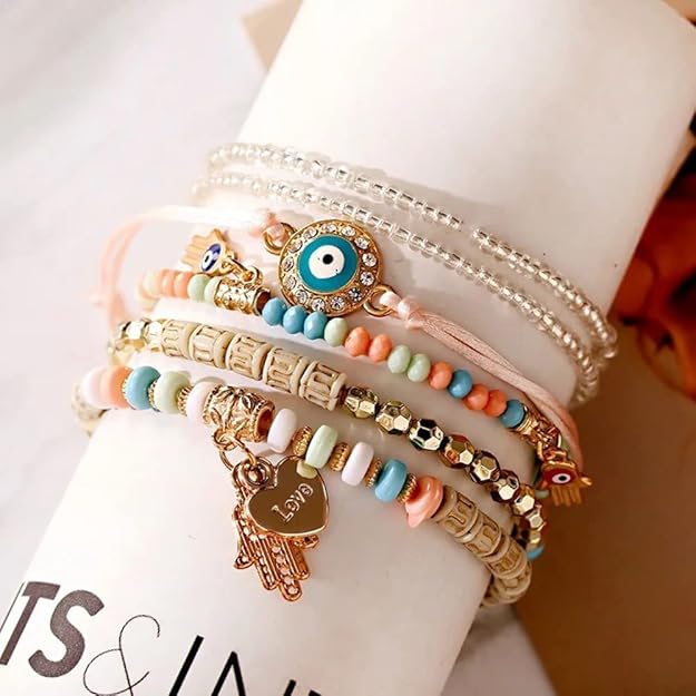 Vembley Elegant Bohemian 6 Bracelet Set featuring Evil Eye, Hamsa charms, beaded layers, adjustable cord, and metallic accents bracelet for women and girls