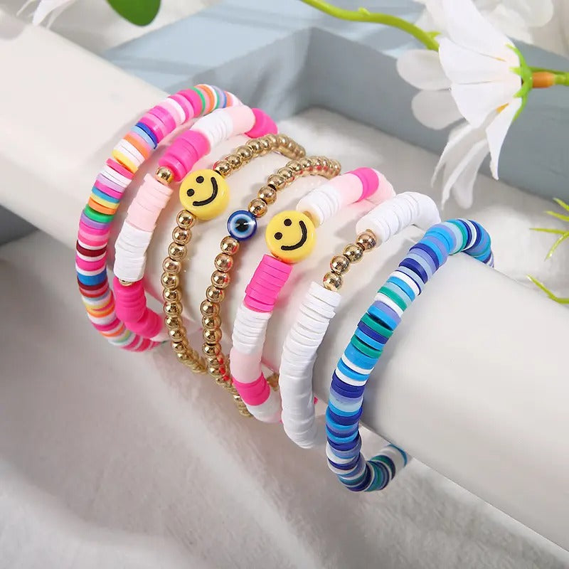Vembley Trendy 7-Layer Multi and Gold Beaded Stackable Bracelet Set for Women with Smiley, Heart & Star Charms Chic Multilayer Stretch Boho Wrist Jewelry