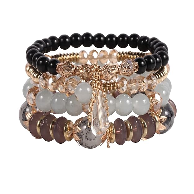 Vembley Boho Stackable Bracelets for Women Set, 4 Pack Girls Stretch Multilayer Stack Beads Black Beaded Charm Bracelets