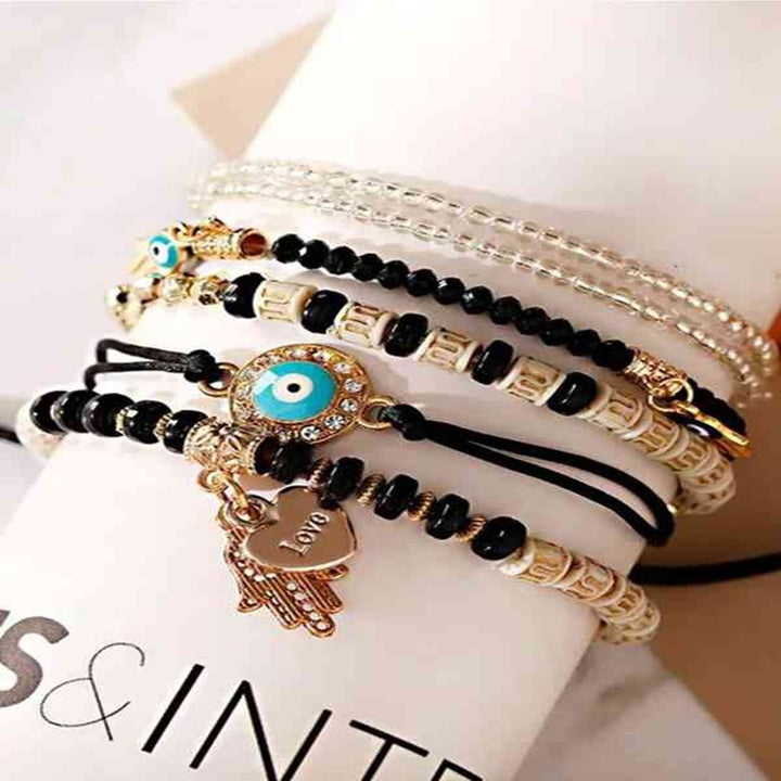 Vembley Elegant Bohemian 6 Bracelet Set featuring Evil Eye, Hamsa charms, beaded layers, adjustable cord, and metallic accents bracelet for women and girls
