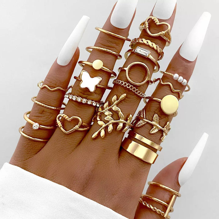 Vembley Gold Plated Trendy Stackable Rings Set - Butterfly, Heart & Pearl Fashion Rings