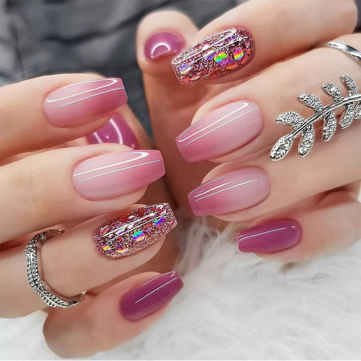 Vembley Plum Pink Ombre Glitter Shiny Accent Design Press-On Nails