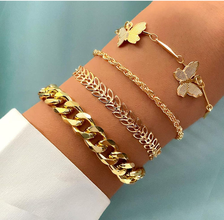 Vembley Elegant Golden Butterfly & Leaf Charm Chucky Chain Cuff Bracelet Set For Women And Girls