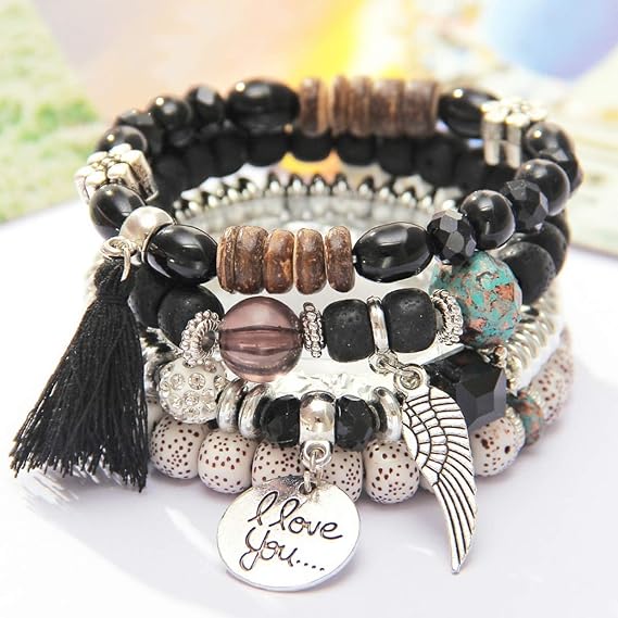 Vembley Trendy Bohemian Bracelet Stack with silver beads, tassel charm, and love pendant for women and girls
