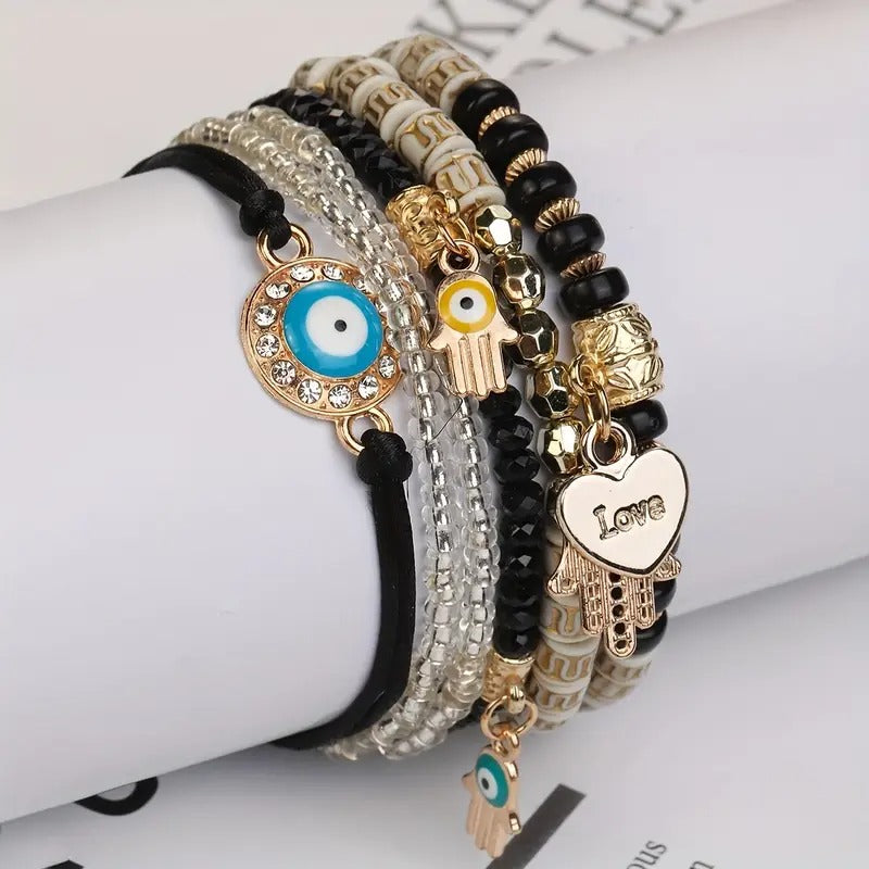 Vembley Elegant Bohemian 6 Bracelet Set featuring Evil Eye, Hamsa charms, beaded layers, adjustable cord, and metallic accents bracelet for women and girls