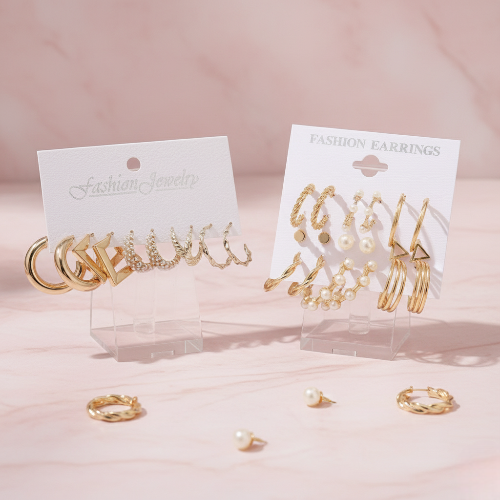 Vembley Pack of 14 Elegant Gold-Plated Pearl Hoop & Stud Earrings Set