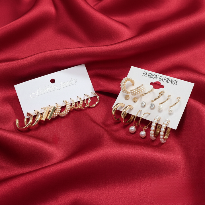 Vembley Combo of 14 Elegant Stylish Gold-Plated Pearl Hoop & Stud Earrings Set