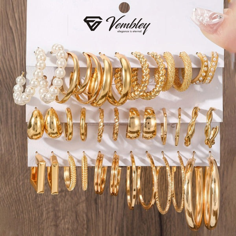 Vembley Combo Of 18 Pair Gold Hoop Pearl Designer Earrings Combo Set for Women