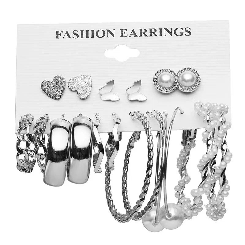 9 Pair Pearl, Hoop, And, Heart Butterfly Stud Earrings