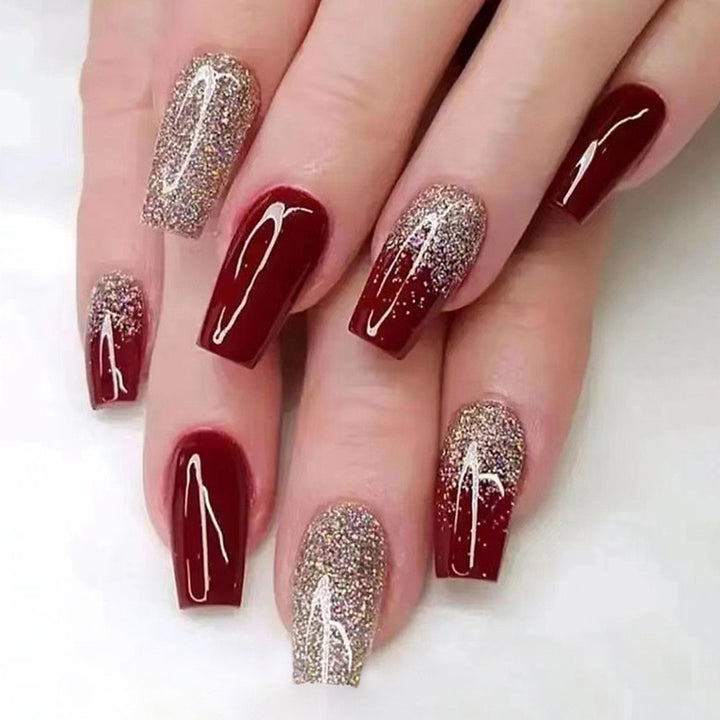 Vembley Set of 24 Artificial Reusable Nails in Half Red Half Golden Design With Glue