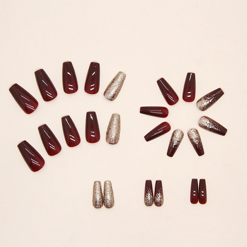 Vembley Set of 24 Artificial Reusable Nails in Half Red Half Golden Design With Glue