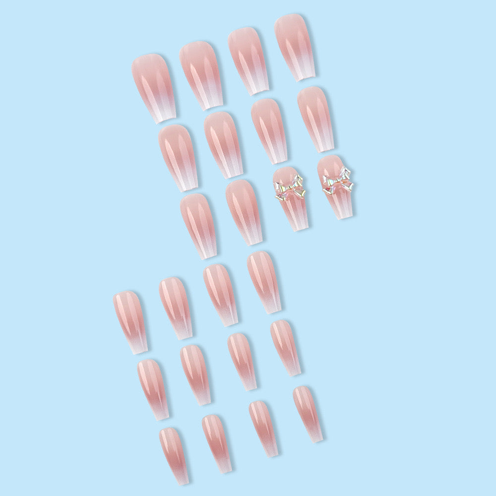 Vembley Set of 24 Artificial Reusable Nails In Pink Cream Color With Bow With Glue Cream, Natural, Nude