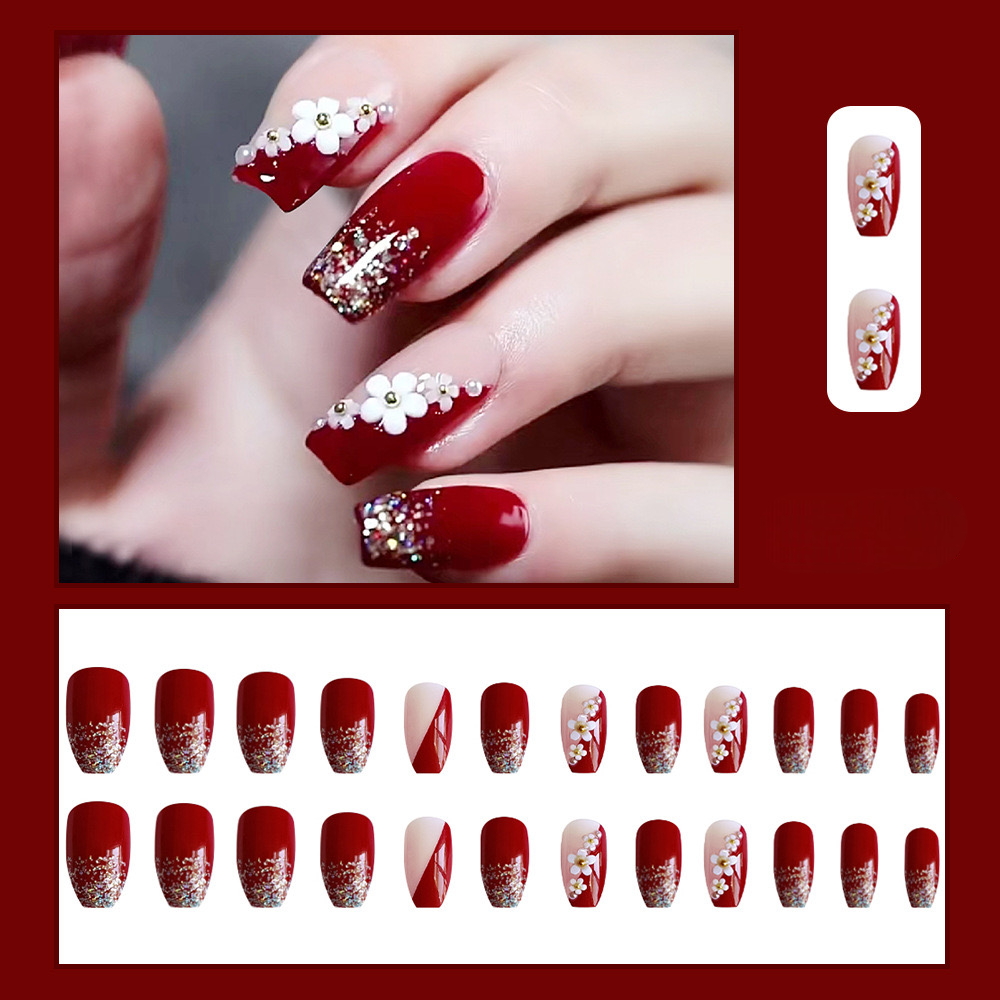 Vembley Set of 24 Artificial Reusable Nails in Maroon with glitter and flowers design with glue