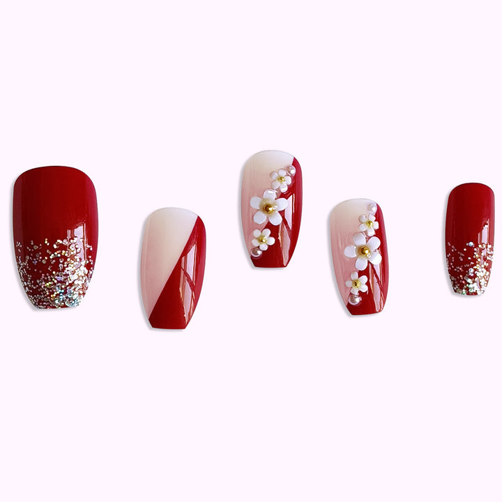 Vembley Set of 24 Artificial Reusable Nails in Maroon with glitter and flowers design with glue