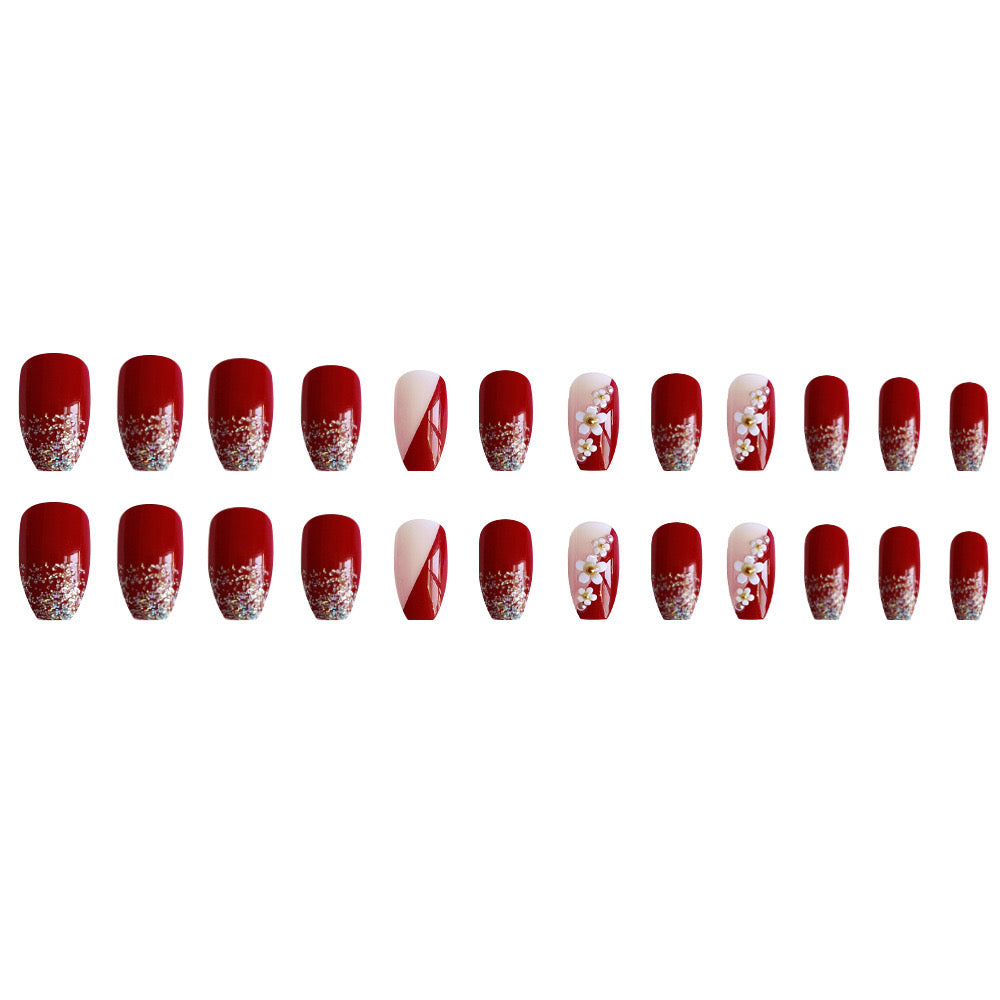 Vembley Set of 24 Artificial Reusable Nails in Maroon with glitter and flowers design with glue