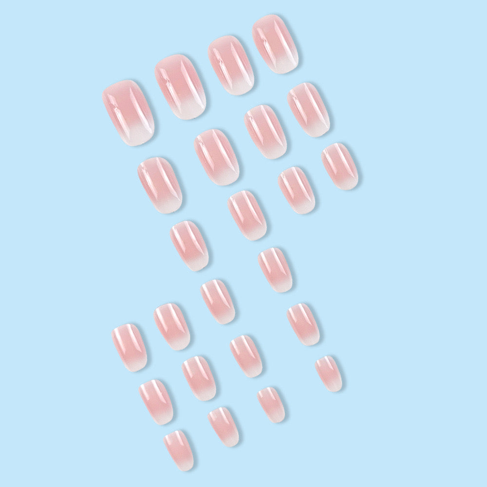 Short Length OvalVembley Shaped Gradient Pink Artificial Reusable Nails Press On Nails with Glue Stickers - 24pcs/Set