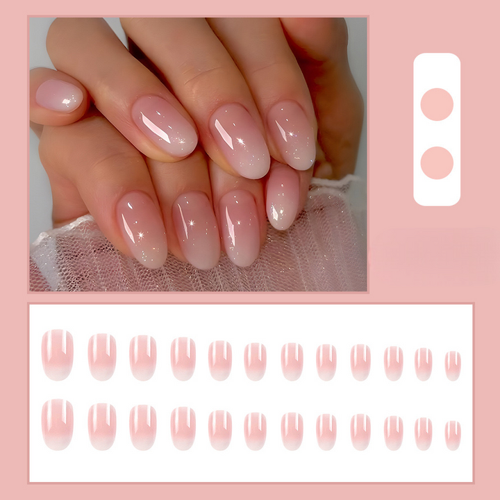 Short Length OvalVembley Shaped Gradient Pink Artificial Reusable Nails Press On Nails with Glue Stickers - 24pcs/Set